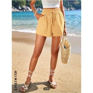 SHEIN VCAY Women's Solid Color Tie Shorts With Pockets sz L 8-10